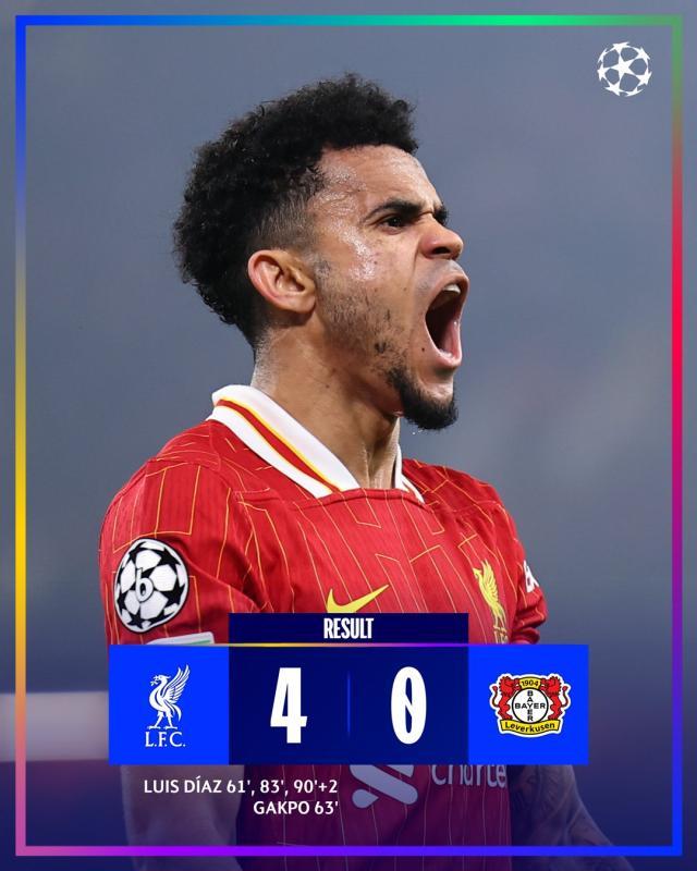 【欧冠】利物浦4比0勒沃库森，迪亚斯戴帽哈克波破门